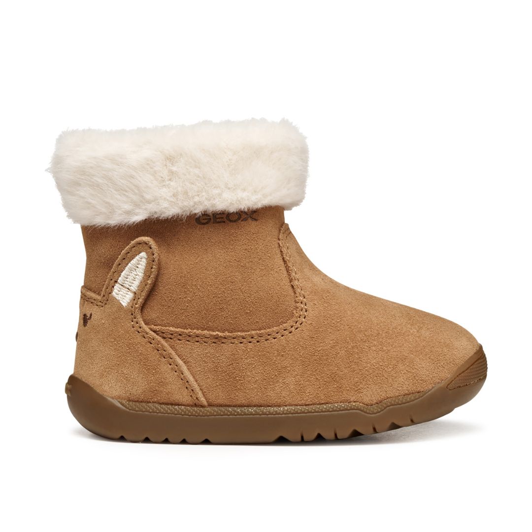 Botte d'hiver Geox pour enfants en suède brun clair, avec fermeture éclair et intérieur rembouré.