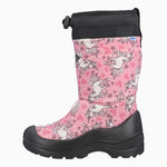Botte de neige pour enfant rose avec motifs de licornes blanches. 
