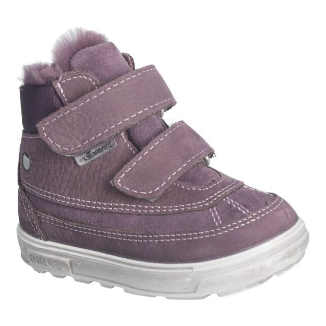 Botte chaude pour enfant pour l'hiver confortable, avec une doublure en laine de mouton, mauve, avec deux velcro, pour fille, imperméable. 