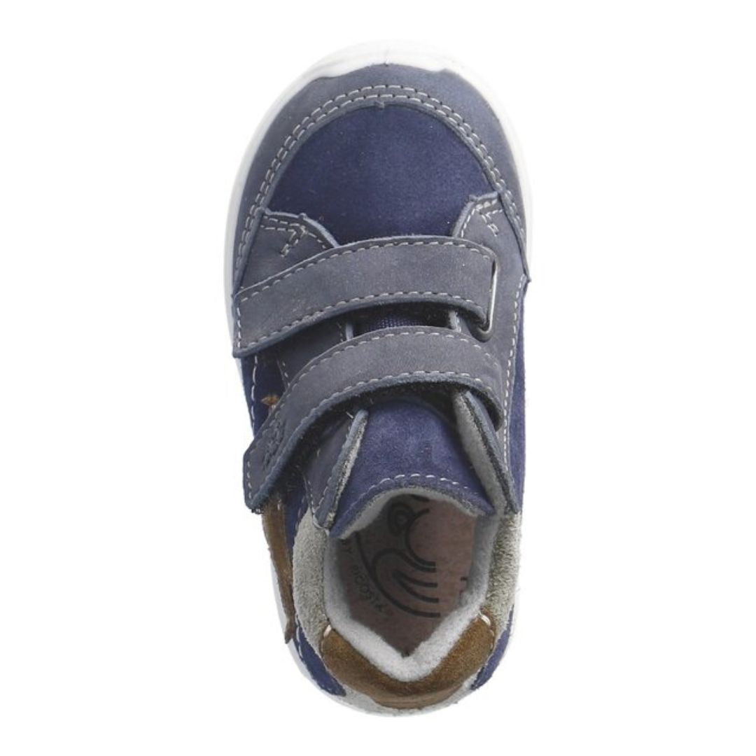 Bottine bleu marine imperméable pour bébé et enfant, facile à mettre, confortable, ajustable avec deux velcro.
