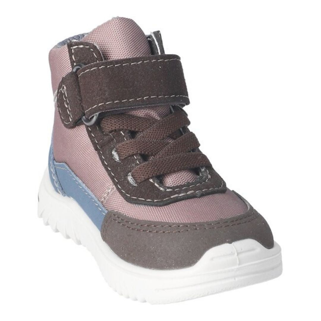 Bottine pour enfant imperméable, rose et brune, avec velcro au niveau de la cheville pour ajuster. Lacets bruns élastiques.