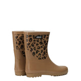Bottine de pluie pour femme avec un petit talon, motif leopard et brune, facile à mettre chic, confortable durable et fait avec du caoutchouc naturel