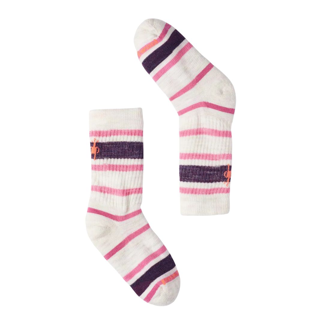 Chaussette Smarwool pour enfant en laine merinos,  confortable, chaude, rayée rose blanche et mauve, parfaite pour les journées fraiches, pour l'hiver, et mi-saison.