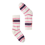 Chaussette Smarwool pour enfant en laine merinos,  confortable, chaude, rayée rose blanche et mauve, parfaite pour les journées fraiches, pour l'hiver, et mi-saison.