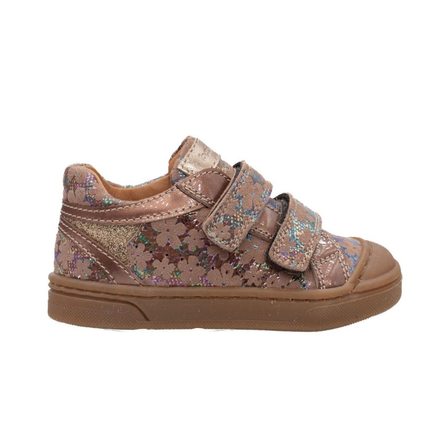 Sneaker pour enfant Babybotte vieux rose scintillant avec des fleurs, fermetures en velcro.