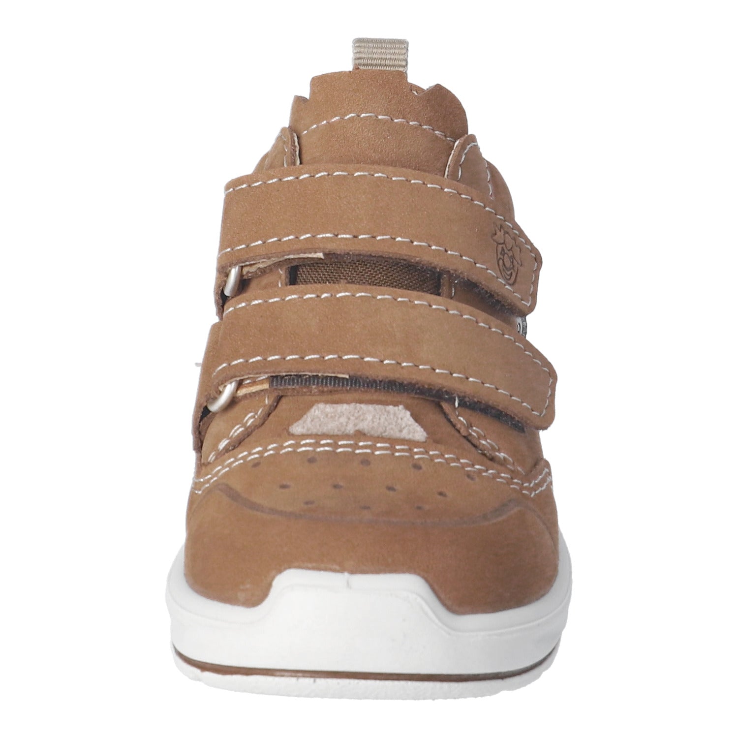 Chaussure pour tout-petits Ricosta en cuir brun Sympatex, avec deux attaches velcros.