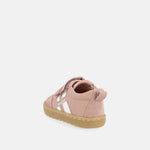 chaussure rose avec bandes blanches, inscription Blanditos sur le côté et semelle épaisse brune