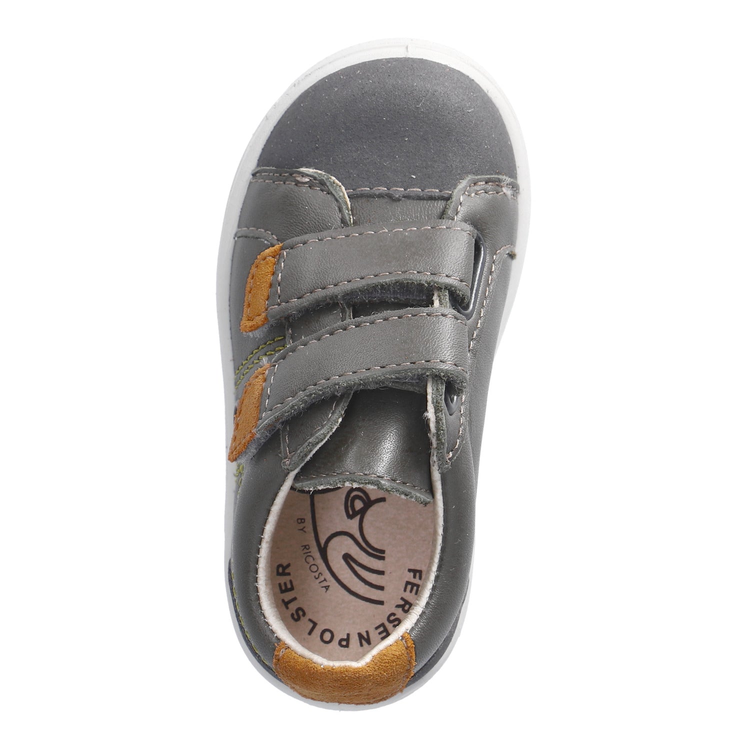 Chaussure pour enfant Ricosta en cuir gris et jaune moutarde, avec deux attaches velcros.