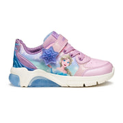 Basket lumineuse Geox rose et bleu à l’effigie de La Reine des Neiges, avec fermeture velcro.