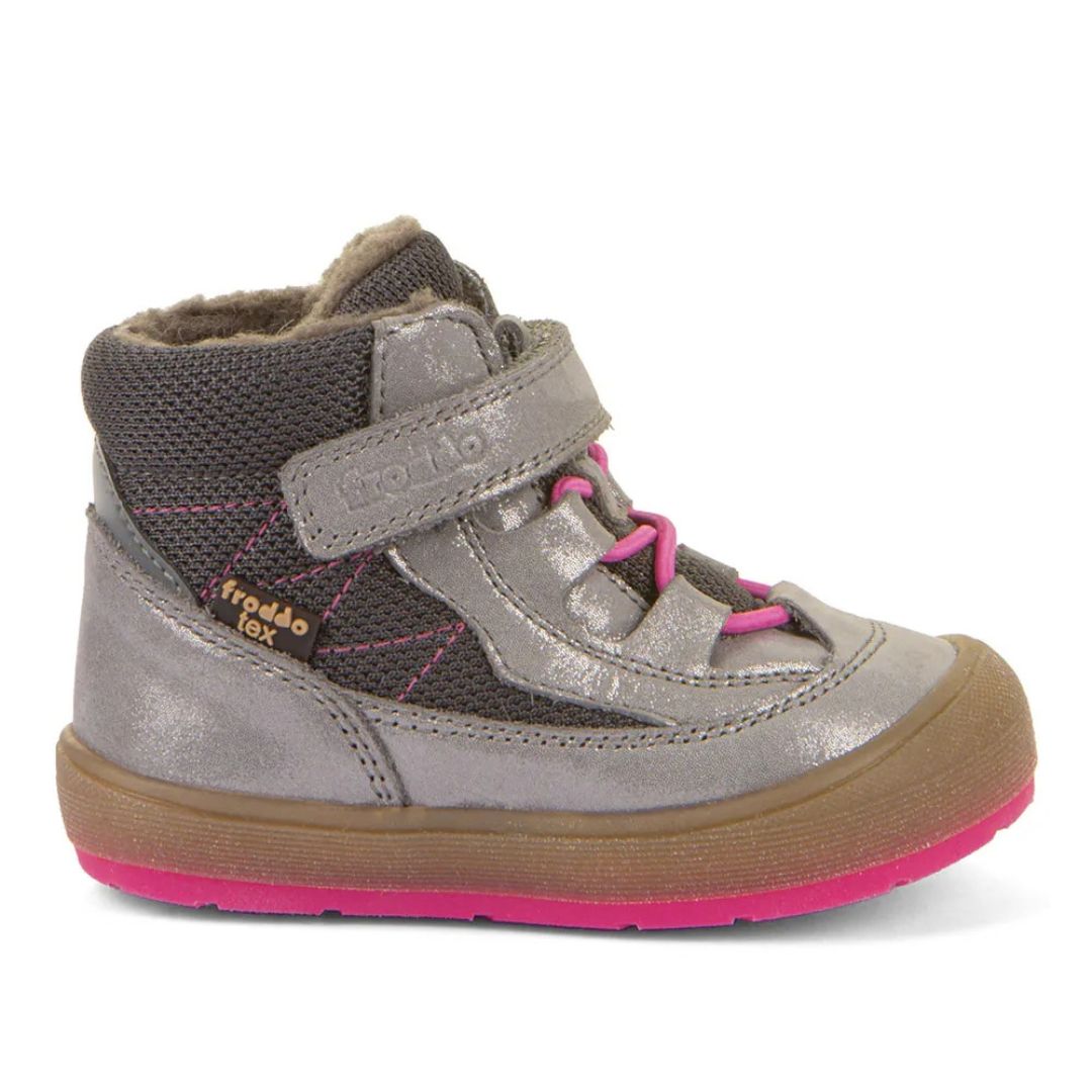 Basket pour enfants Froddo en tri-matière grise et rose, avec une attache velcros.