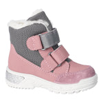 Botte d'hiver pour enfants Ricosta en bi-matière grise et rose, avec l'intérieur rembouré et des attaches velcros.