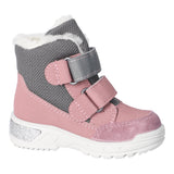 Botte d'hiver pour enfants Ricosta en bi-matière grise et rose, avec l'intérieur rembouré et des attaches velcros.