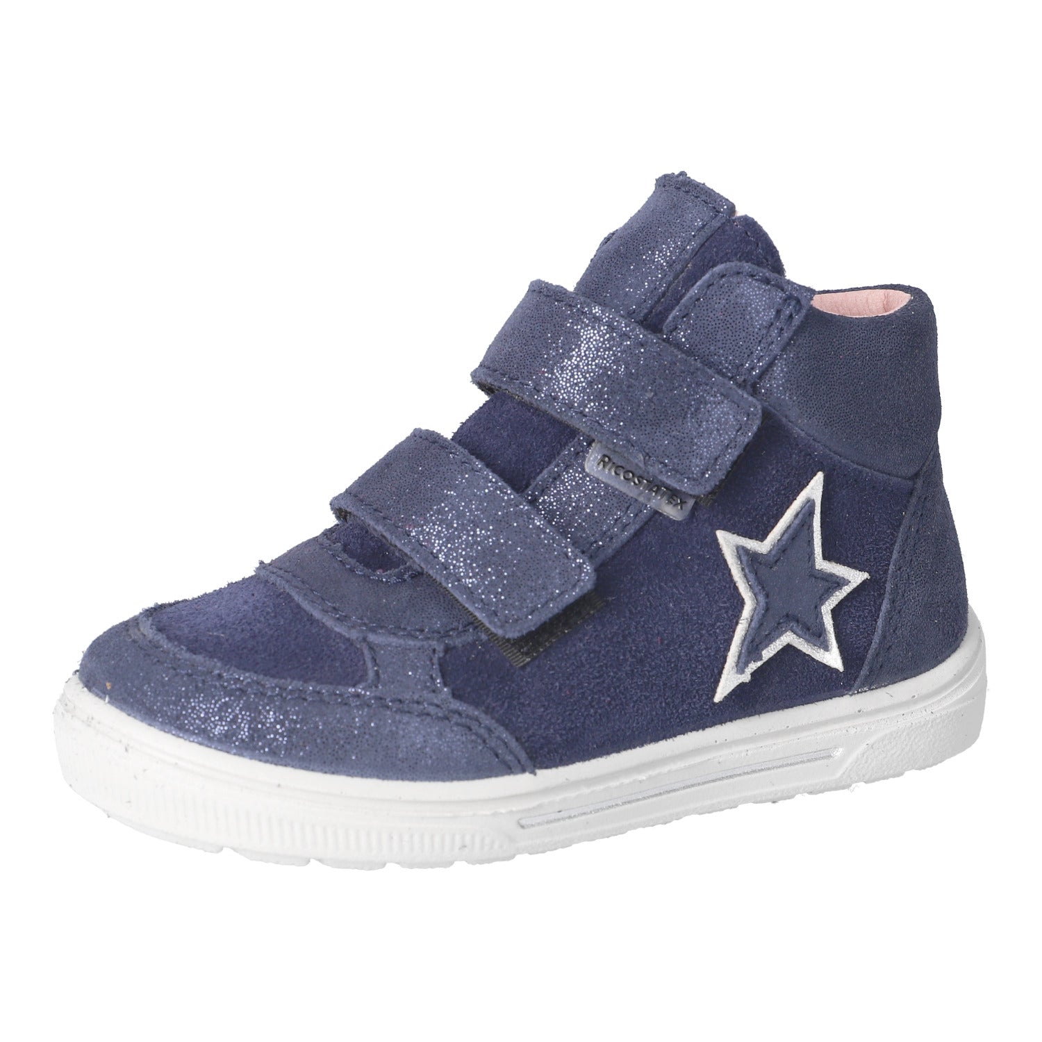 Basket pour enfants de chez Ricosta en bi-matière bleu foncé scintillant, avec une étoile sur le côté.