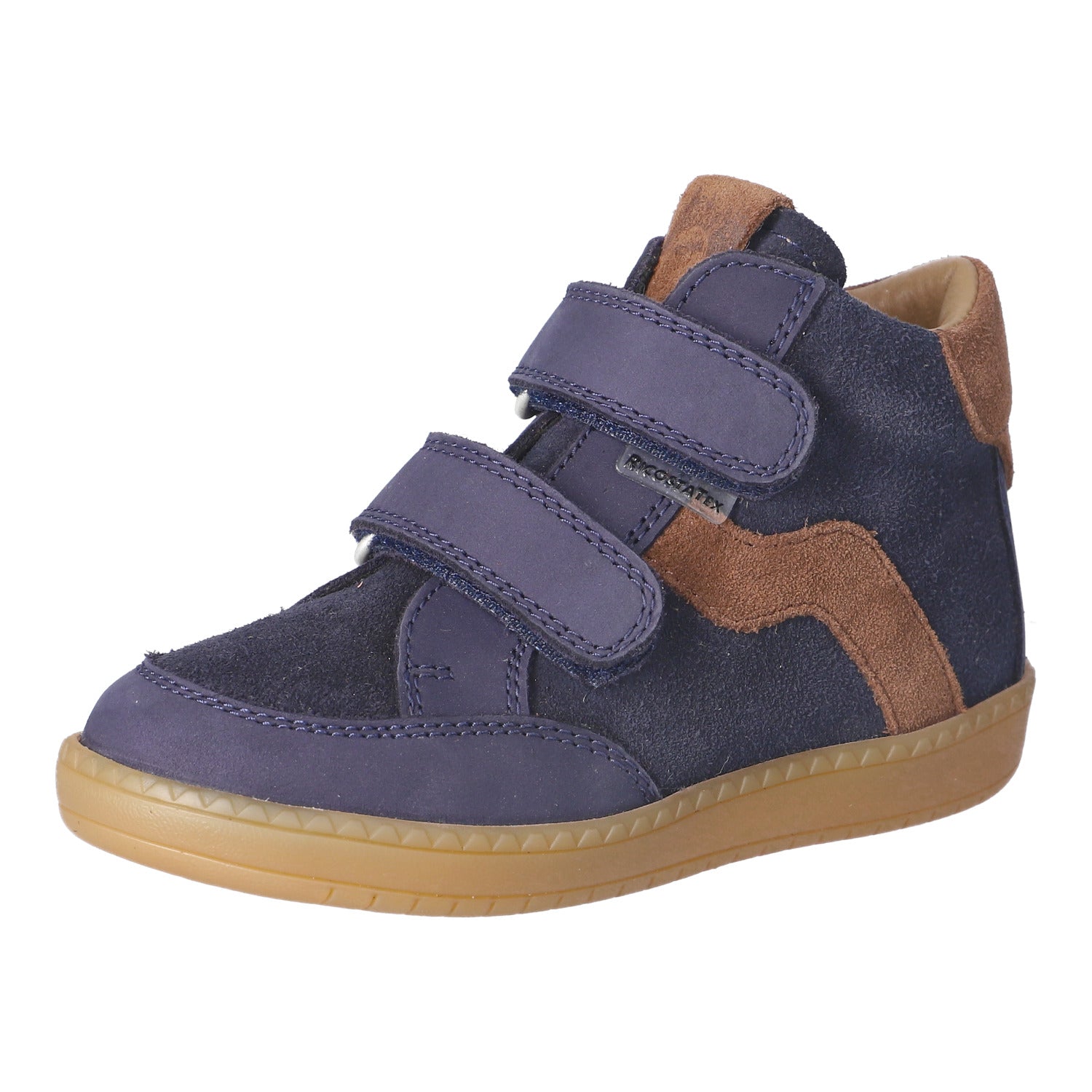 Basket montante pour enfant Ricosta bi-matière bleu marine avec des détails bruns et des attaches velcros.