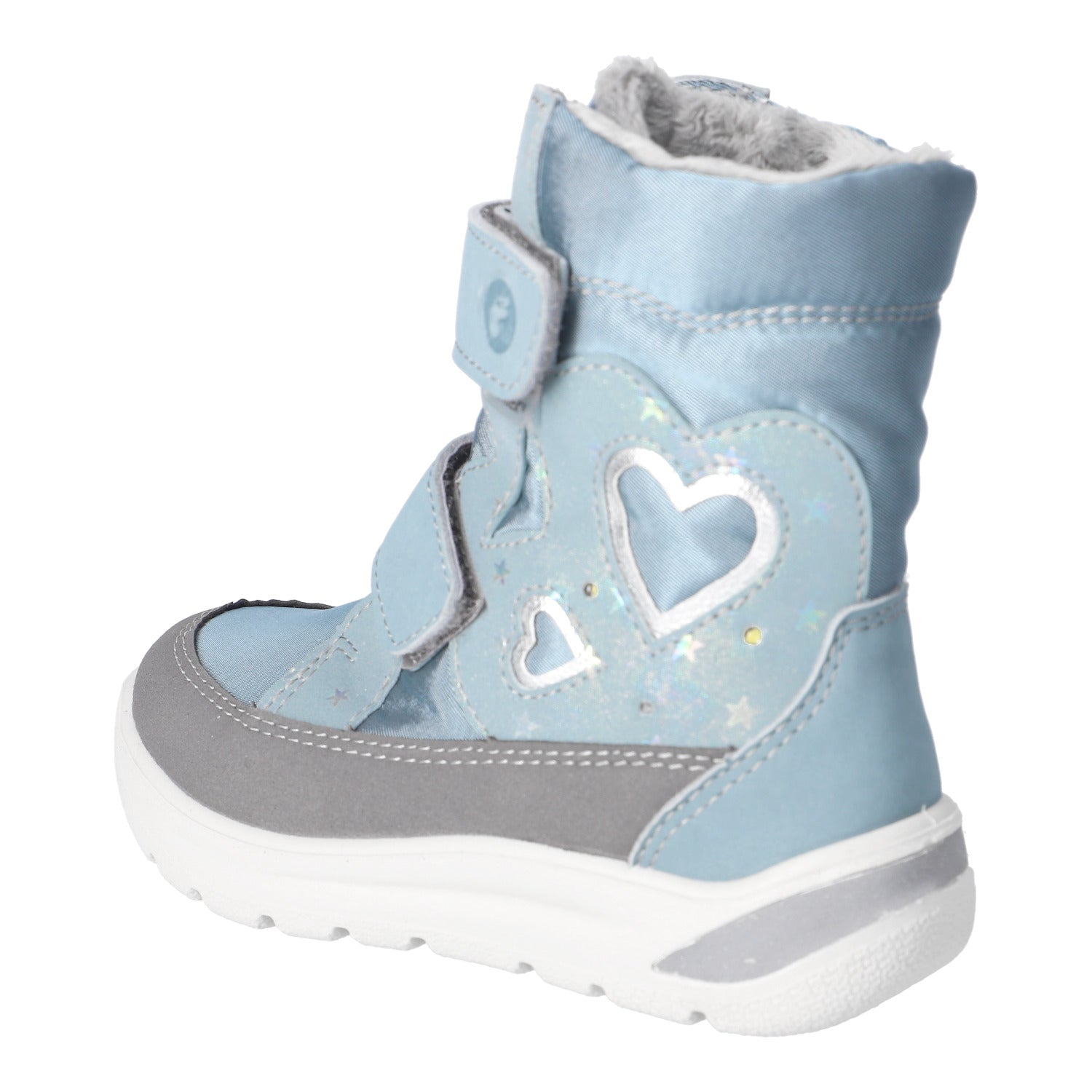 Botte d'hiver Ricosta bleu et grise avec des coeurs sur le côté et des attaches velcros.