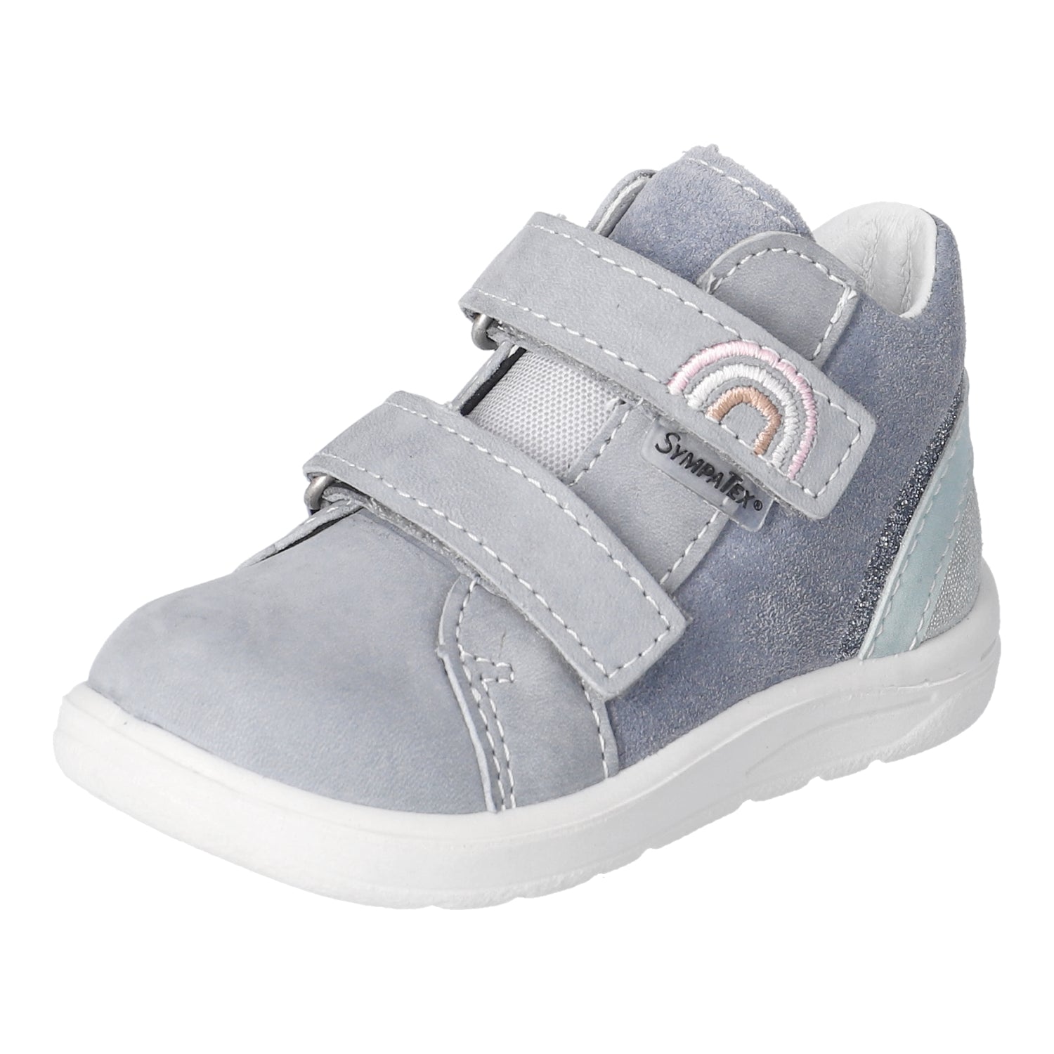 Basket montante pour enfant Ricosta bleu grise imperméable, avec un arc-en-ciel et des attaches velcros. 