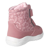 Botte d'hiver pour enfants Ricosta rose avec des illustrations blanches sur le tissu et des attaches velcros.