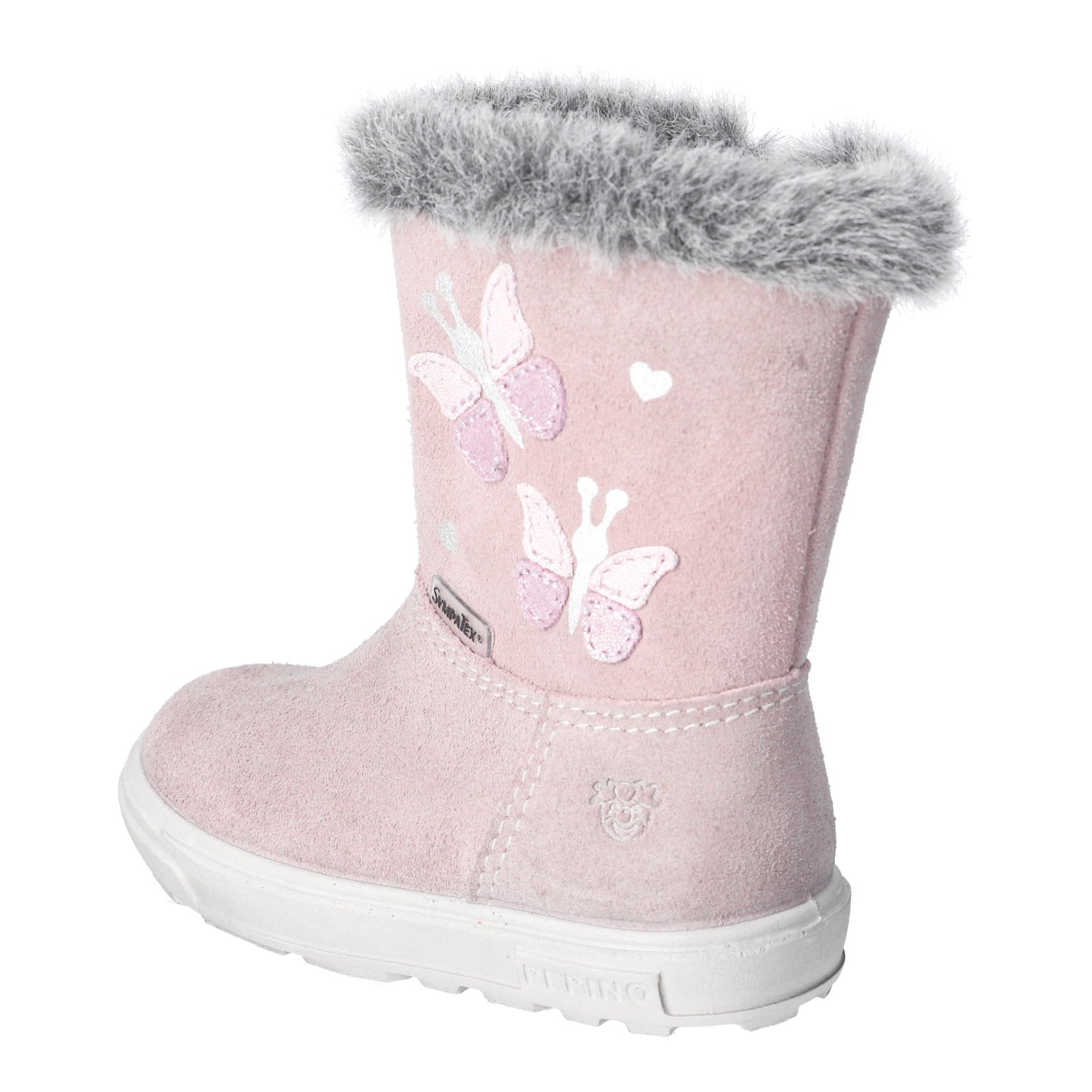 Botte d'hiver pour enfants Ricosta rose pâle avec des papillons sur le côlé et de la fourrure grise au dessus.