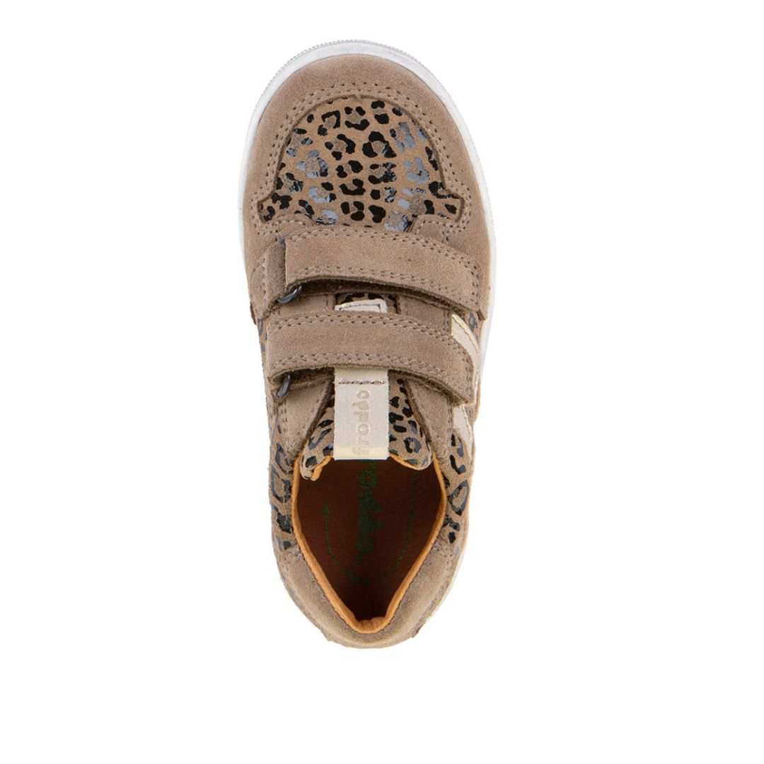Chaussure pour fille, motif léopard, confortable, souple, en cuir, ajustable, deux velcros. 
