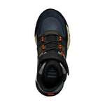 Bottine Geox mi-saison imperméable noire, vert foncé et bleu foncé, avec velcro et lacets élastiques.