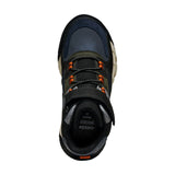 Bottine Geox mi-saison imperméable noire, vert foncé et bleu foncé, avec velcro et lacets élastiques.