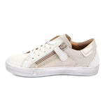 Chaussures confortables unisexes avec couleurs pâles, blanc et beige, et motif brillant sur le côté. Excellent support pour le pied avec lacets, fermeture à glissière et velcro. 