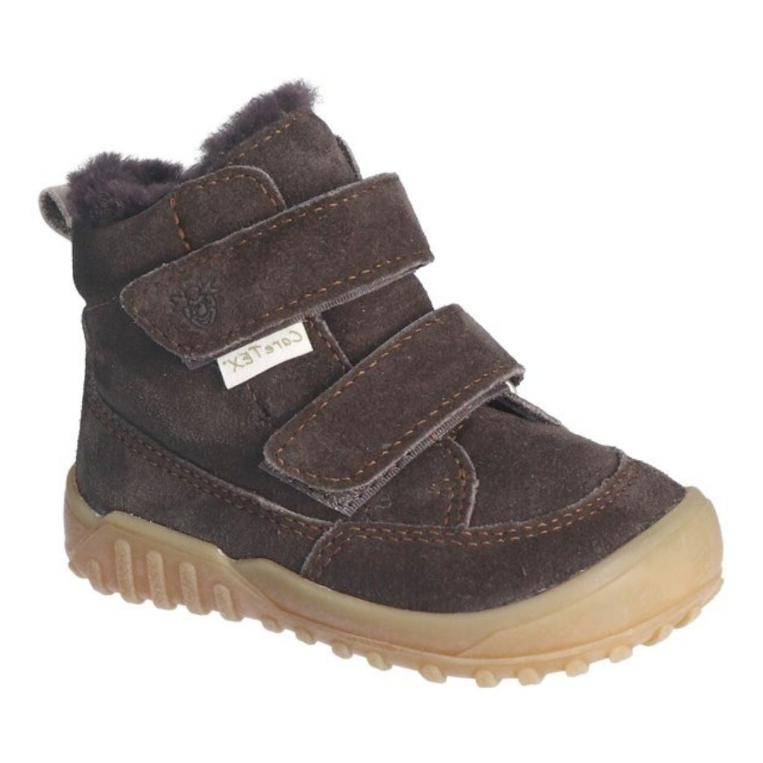 Botte d'hiver brune chaude en laine naturelle, super facile à mettre, pour les premiers pas extérieur de vos enfants, avec deux scratchs 