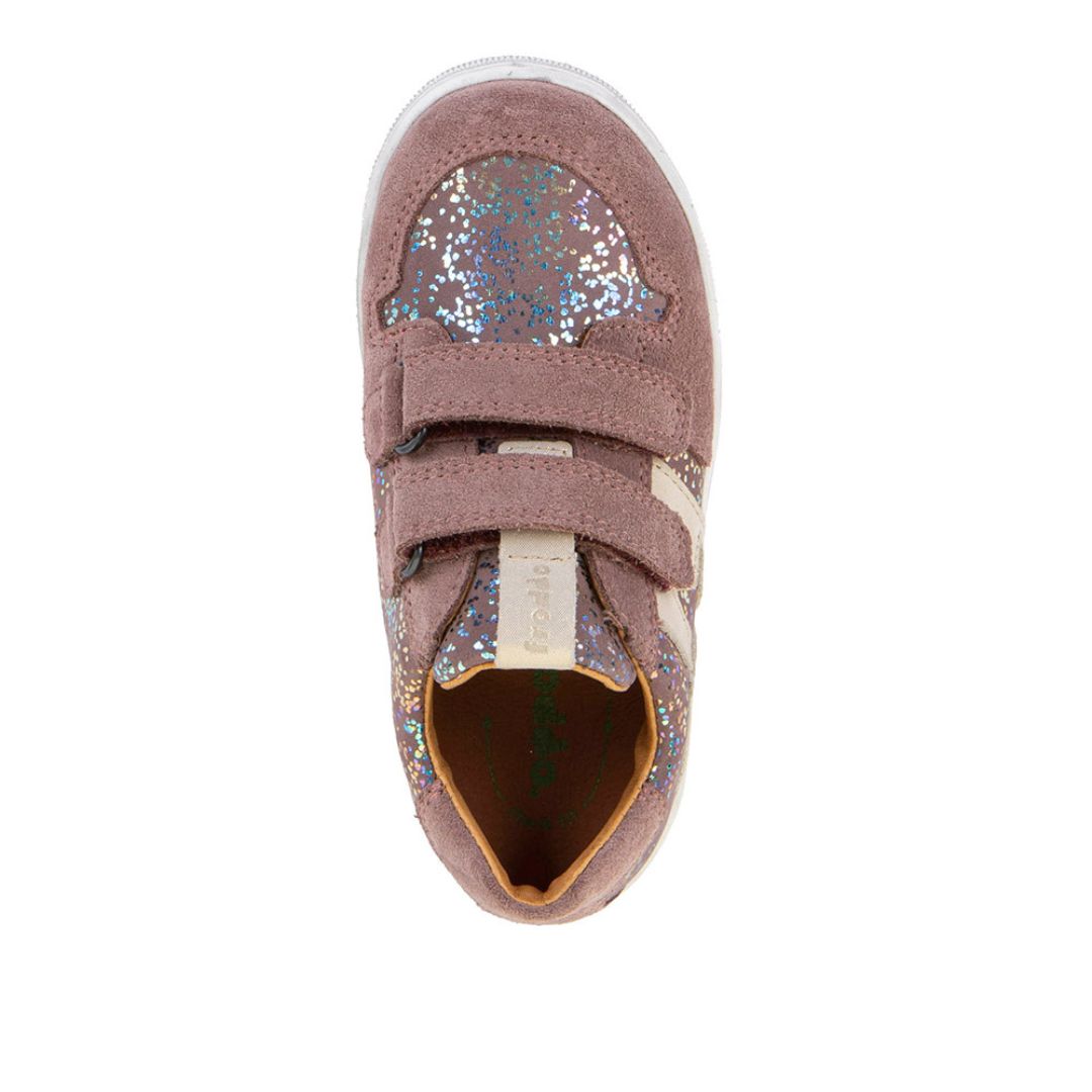 Chaussure pour fille avec deux scratchs faciles à mettre, en cuir, confortable, souple, ajustable, rose et rose brillant