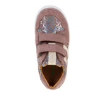 Chaussure pour fille avec deux scratchs faciles à mettre, en cuir, confortable, souple, ajustable, rose et rose brillant