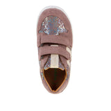 Chaussure pour fille avec deux scratchs faciles à mettre, en cuir, confortable, souple, ajustable, rose et rose brillant
