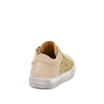 Chaussures en cuir pour fille couleur sable avec paillettes dorées.