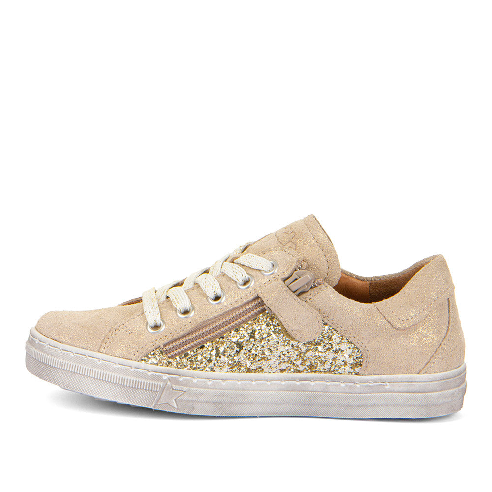 Chaussure couleur sable pour fille avec paillettes et zip sur le côté.