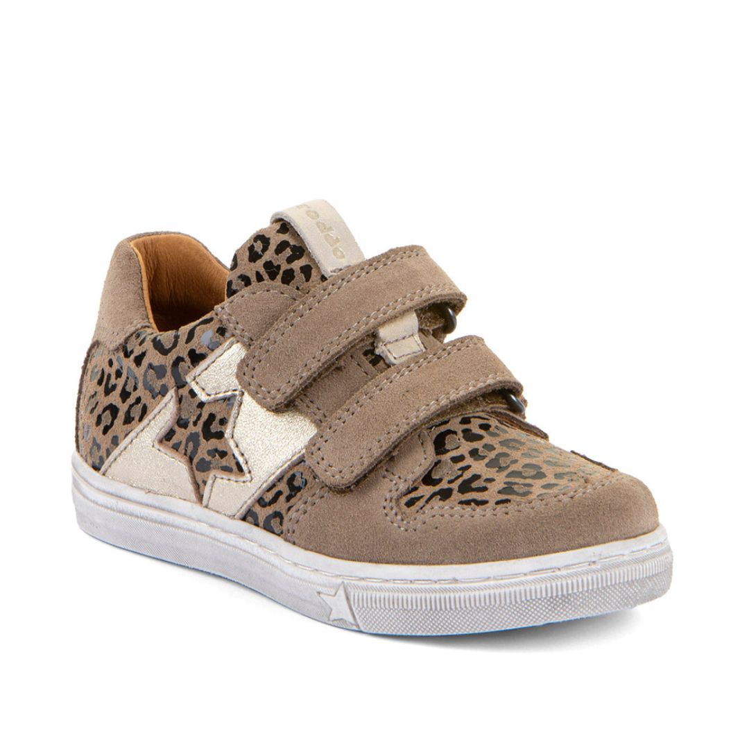 Chaussure Froddo en cuir Beige imprimé léopard pour fille, avec deux velcro. 