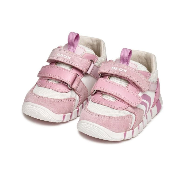 Chaussures pour bébé rose et blanc en cuir et tissus, avec attaches en velcro