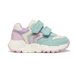 Chaussure pour bébé bleue et rose avec semelle blanche et attaches à velcro