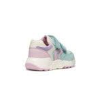 Chaussure pour bébé en cuir et tissus, rose, bleu et blanc