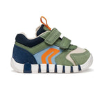 Chaussure pour bébé avec fermeture à velcro de couleurs vert, bleu, orange et blanc