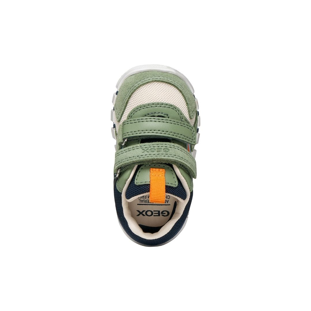 Chaussure pour bébé avec velcro sur le dessus, coloris vert, marine, blanc et orange, en cuir et tissus