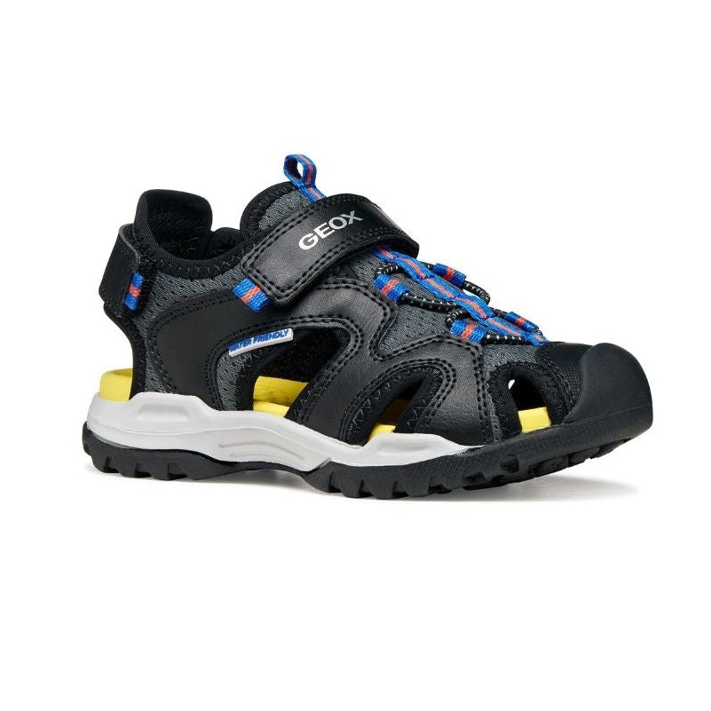 Sandale pour enfant noire lavable et bleue avec attaches en velcro et semelle noire