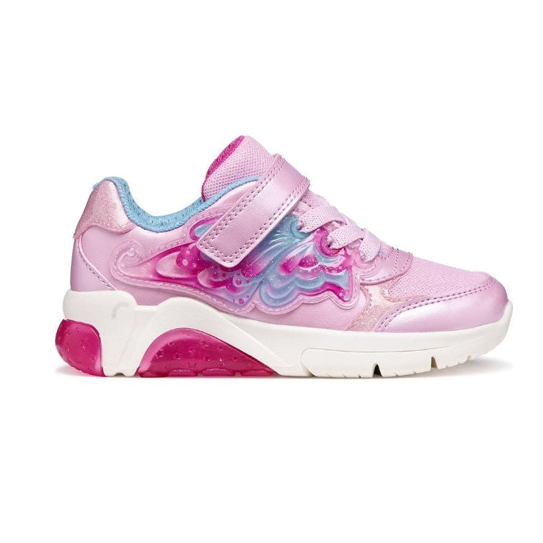 Chaussures pour enfants qui font de la lumière, de coloris rose et bleu avec une semelle blanche