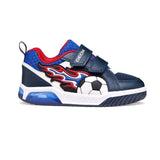 Chaussures pour enfants qui font de la lumière, marine et rouge avec un ballon de soccer