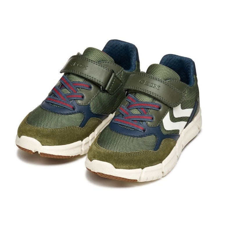 Chaussures pour enfants avec velcro et lacets élastiques, de couleur marine et kaki, avec semelles blanches