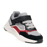 Chaussure sport gris, noir et rouge, pour garçon, parfait pour l'école. Avec un velcro  et lacets élastiques .