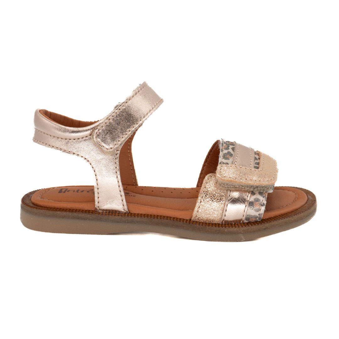 Sandale couleur cuivre avec double velcro ajustables confortables avec motif léopard