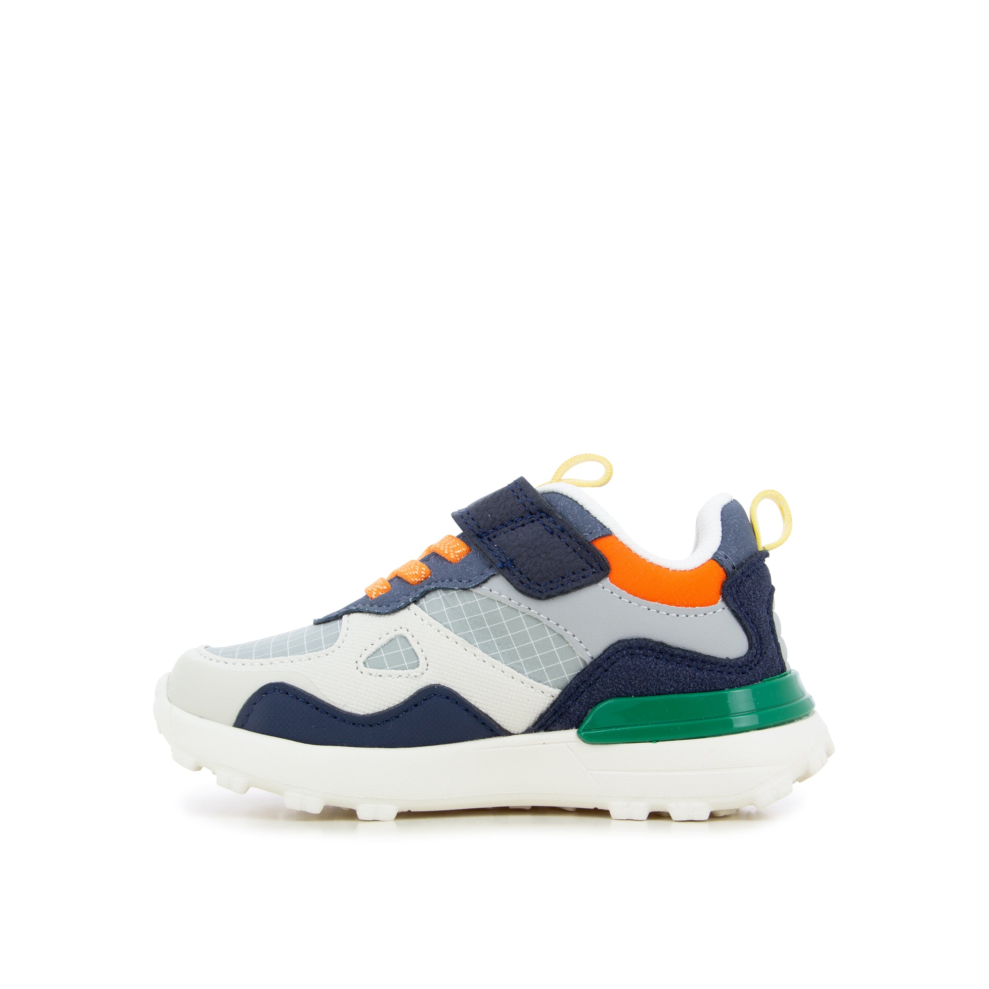Espadrille Garçon à scratch bleu marine et blanc avec touches orange et vert. Lacets élastiques