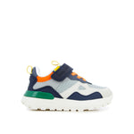 Basket pour garçon multicolore bleu, blanc, vert et orange avec scratch. Semelle blanche épaisse
