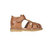 Sandale pour enfant en cuir, couleur cognac, avec motifs de chien brodés