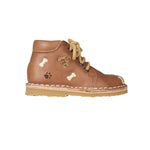 Chaussure pour enfant à lacet en cuir, couleur camel, avec broderie de petits chiens. 