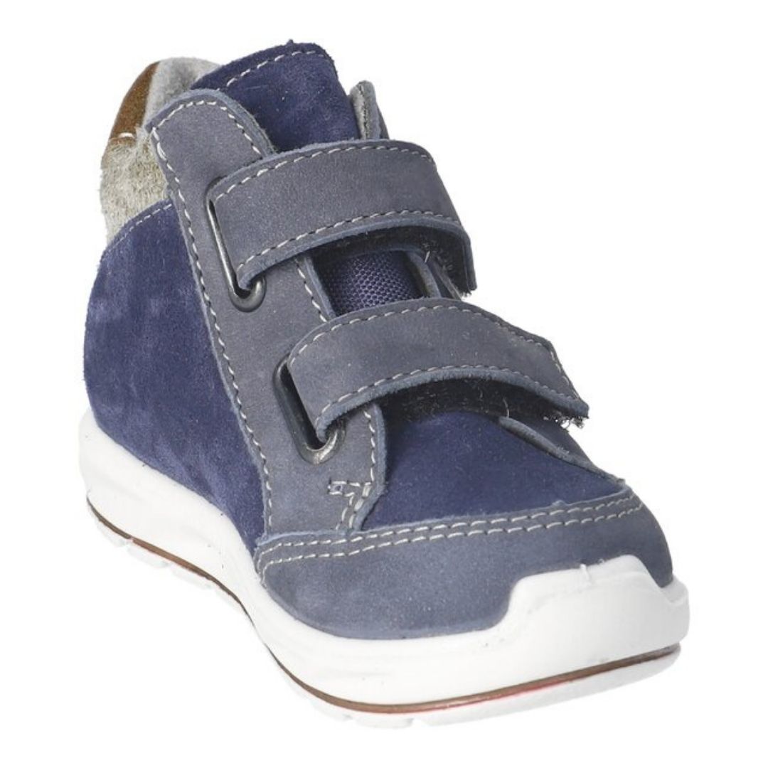 Bottine bleu marine imperméable pour bébé et enfant, facile à mettre, confortable, ajustable avec deux velcro.