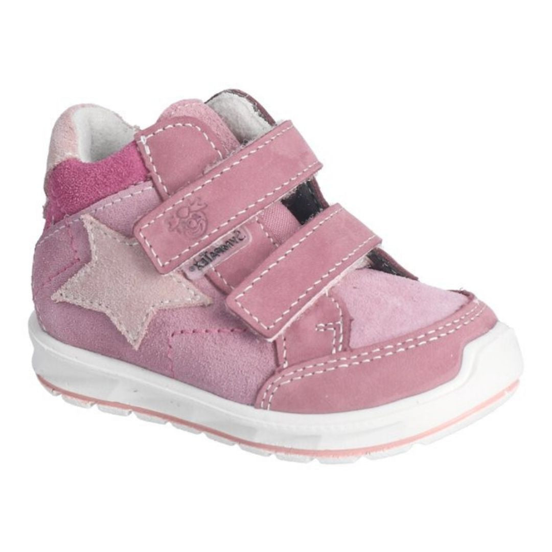 Bottine imperméable mi-saison pour enfant, rose, facile à mettre, fashion, avec deux velcros. Étoile rose pâle sur le côté. 